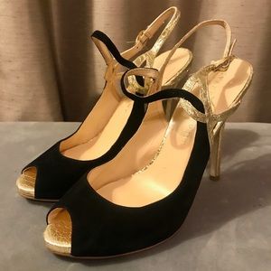 Ivanka trump black and gold peep toe sandal suede